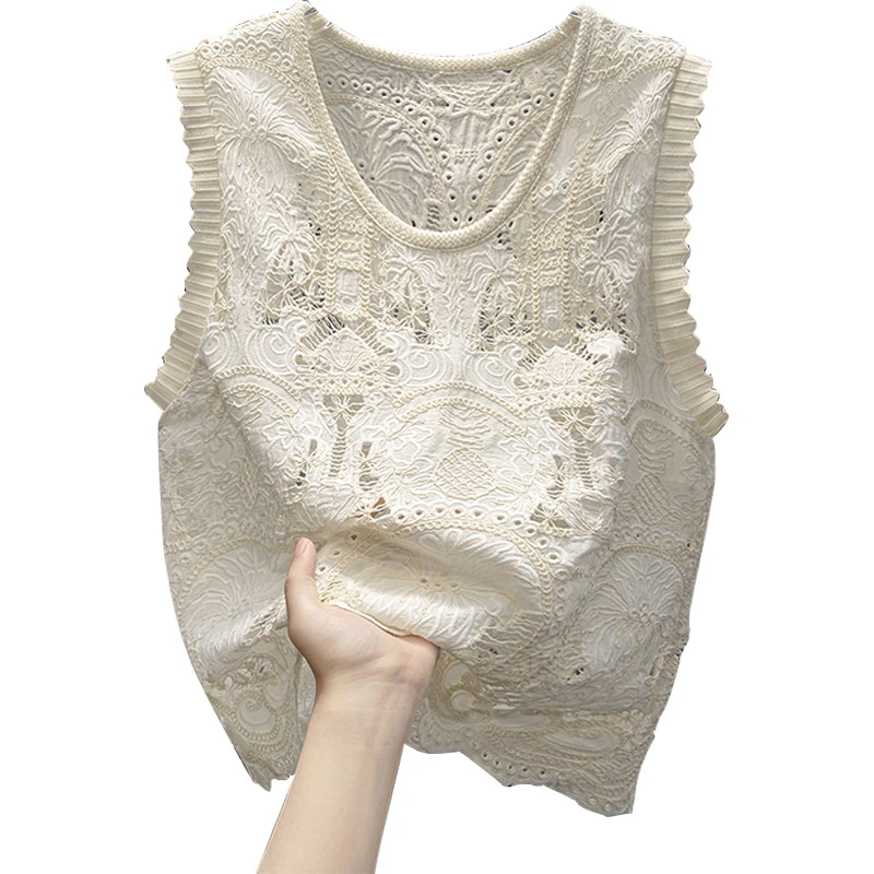 丝柏舍2025夏季新款女装甜美蕾丝拼接镂空短款宽松背心S52B1447G
