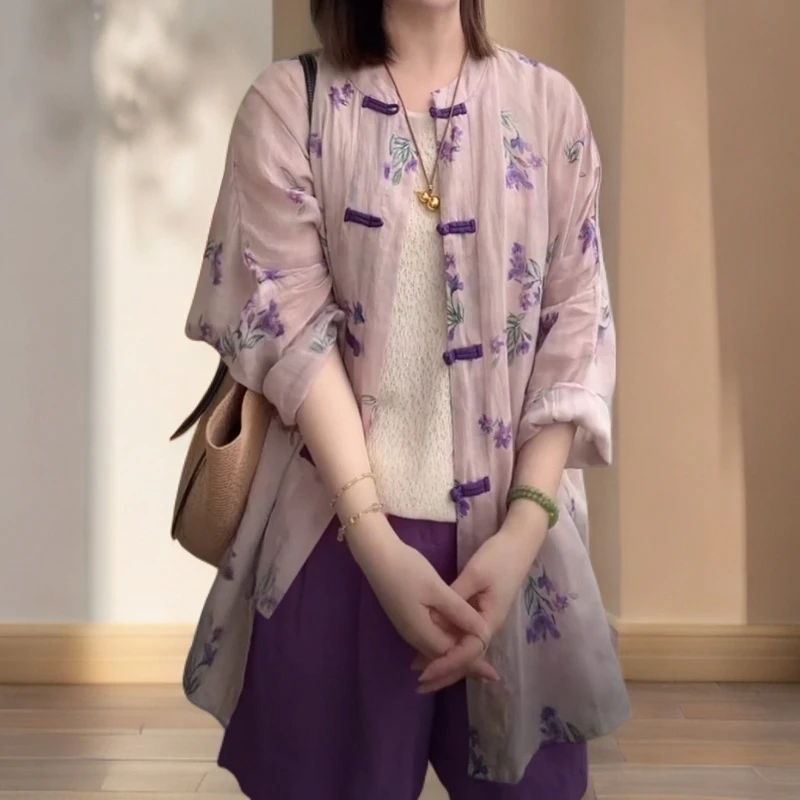 新中式紫色碎花防晒衬衫夏季2025新款短裤超火国风气质穿搭一整套