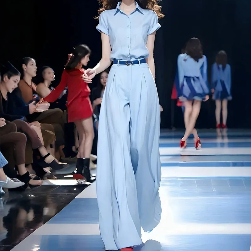 夏季简约搭配一整套时尚气质蓝色短袖衬衫垂感阔腿裤套装女显瘦