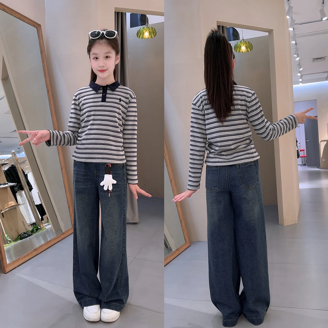 韩版套装女童装中大童秋季牛仔直筒裤条纹打底套头休闲风条纹春秋