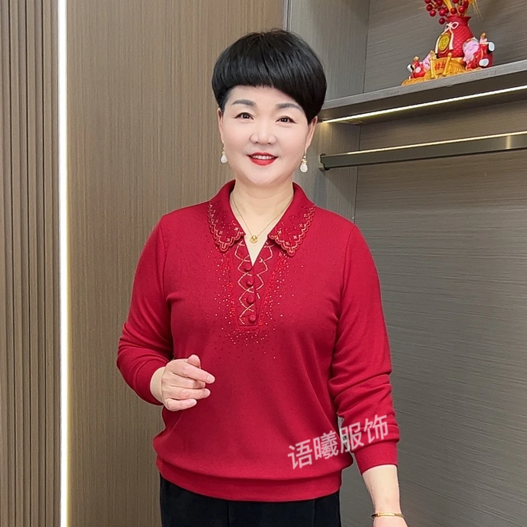 女装长袖妈妈装中老年女装针织常规款打底衫红色毛衣纯色春F9989