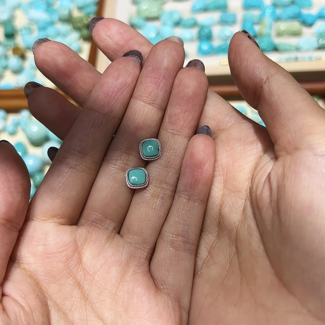 绿松石耳饰银S925镶嵌张*琳