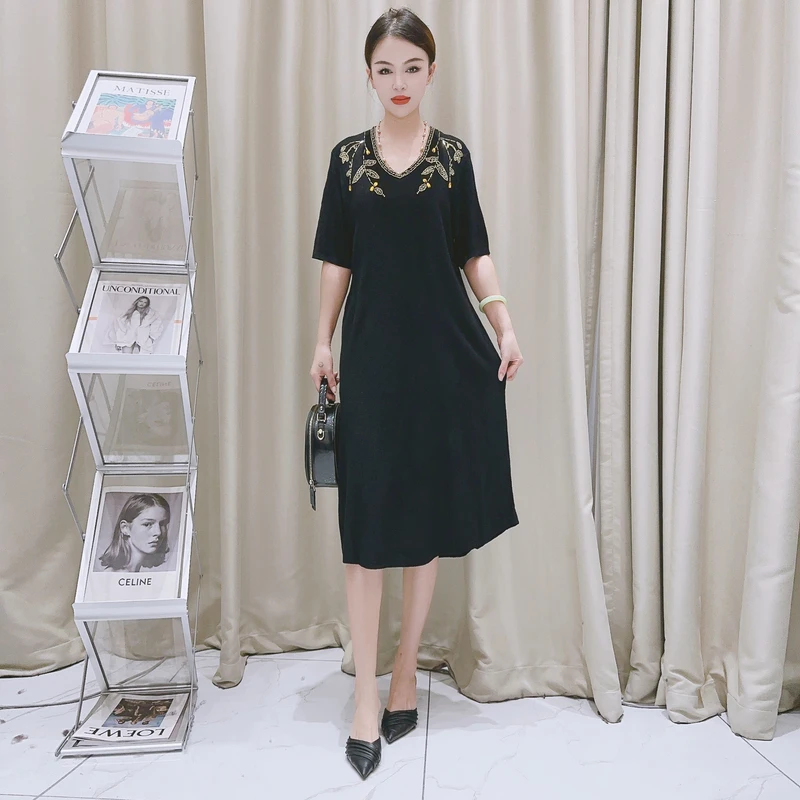 5506【春夏】黑色香金叶钻领中长款春夏时尚显瘦简约气质长衣裙