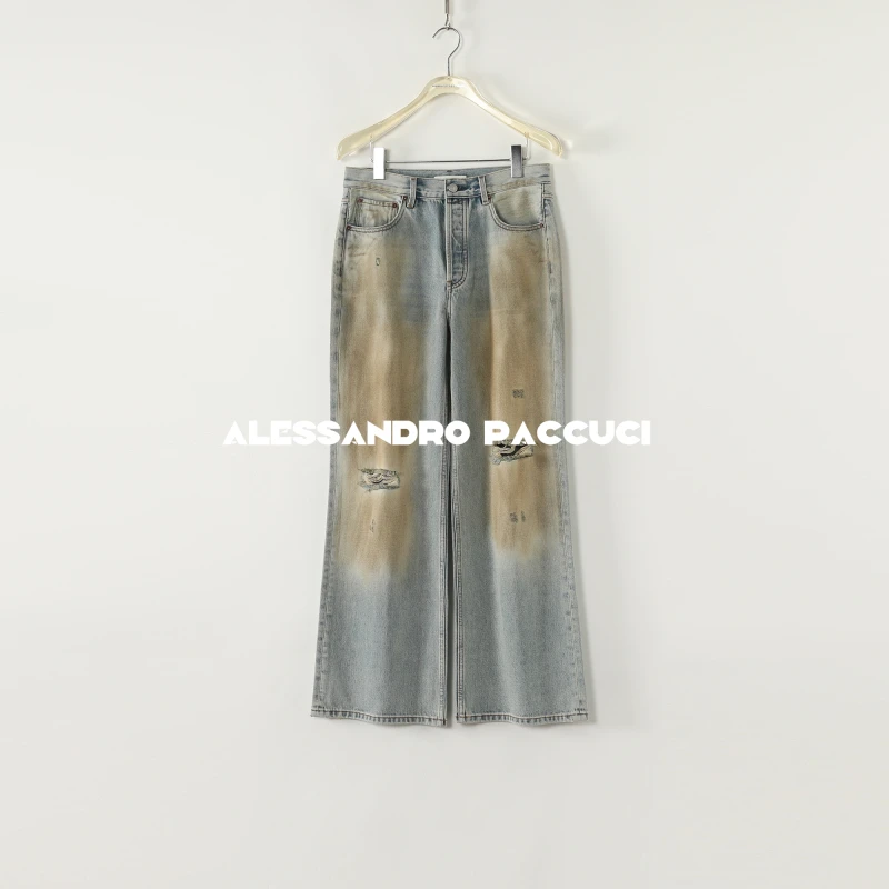 AP洛哥52122KC【锈迹街头】100棉抹脏发黄做旧破洞时尚微喇牛仔长裤