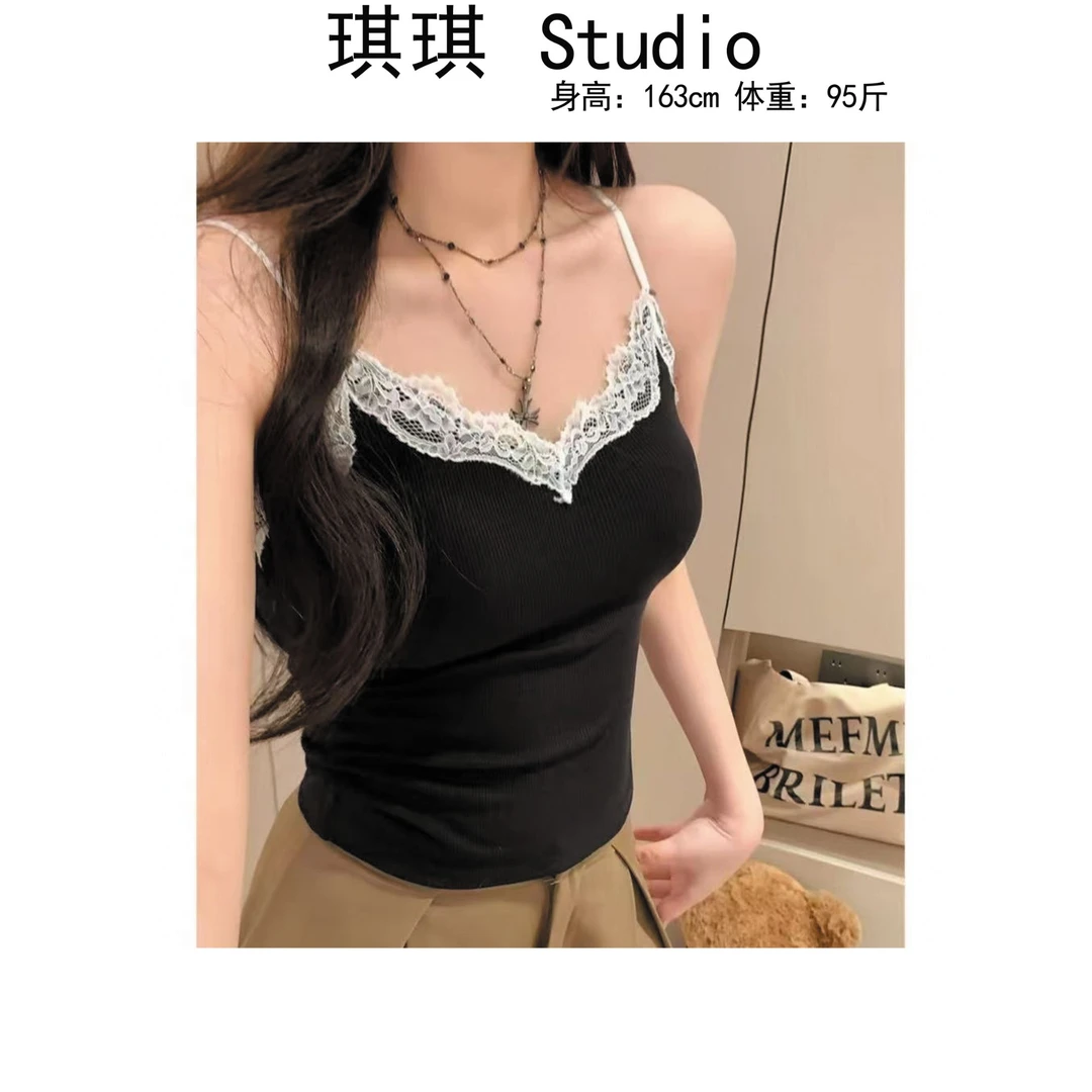 《琪琪家》夏季新款重工设计甜美洋气拼接蕾丝花边通勤美背-M