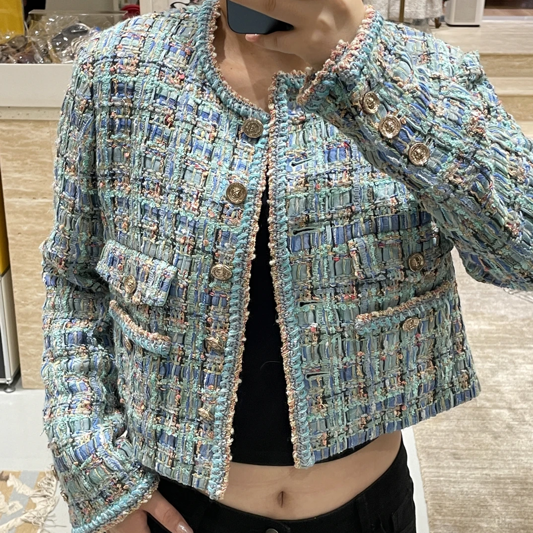 99新 Chanel/香奈儿 25A手工坊系列 蓝色圆领外套38码有99新
