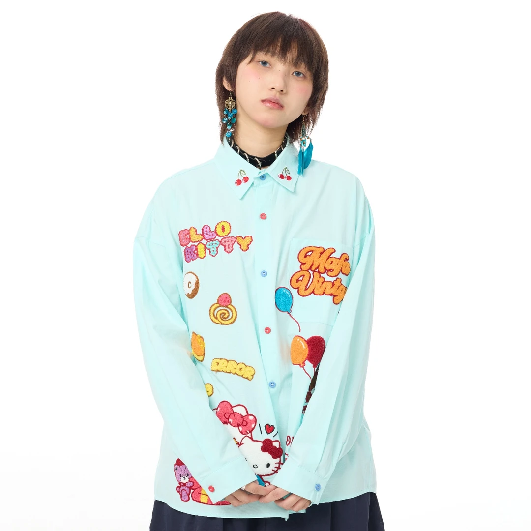 SOYY美式复古卡通毛巾绣长袖衬衫男女宽松慵懒风衬衣潮牌上衣外套