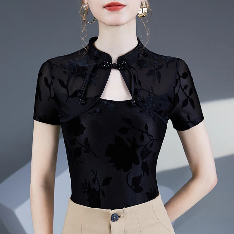 新中式盘扣短袖T恤上衣女修身2025夏季新款旗袍领提花洋气小衫夏