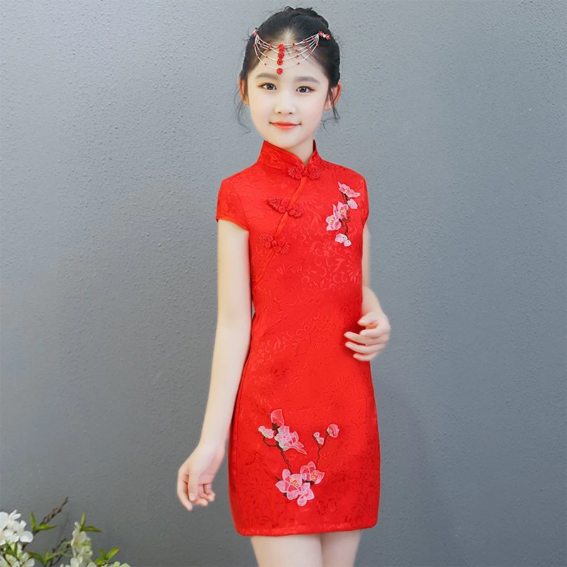 女童旗袍夏季薄款儿童洋气复古连衣裙中大童中国风国学演出服红色