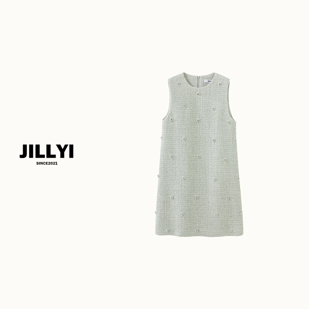 JILLYI南山店【浅绿波光裙】浅绿色圆领手缝钻石花朵春夏轻奢连衣裙