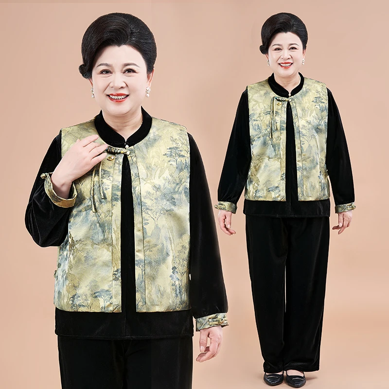 中老年女装妈妈春秋款时尚国风拼接款三件套洋气金丝绒贵气套装女
