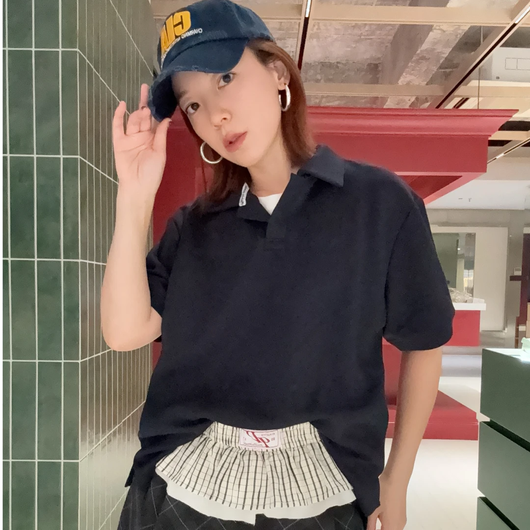 丿未掖衣格纹拳击裤边莫代尔POLO衫