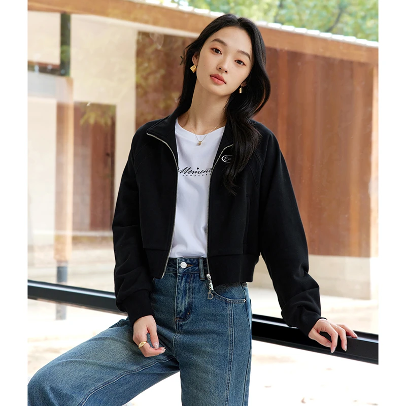 D立领加绒卫衣外套女短款2025高级感休闲夹克气质显瘦M8886/A0910