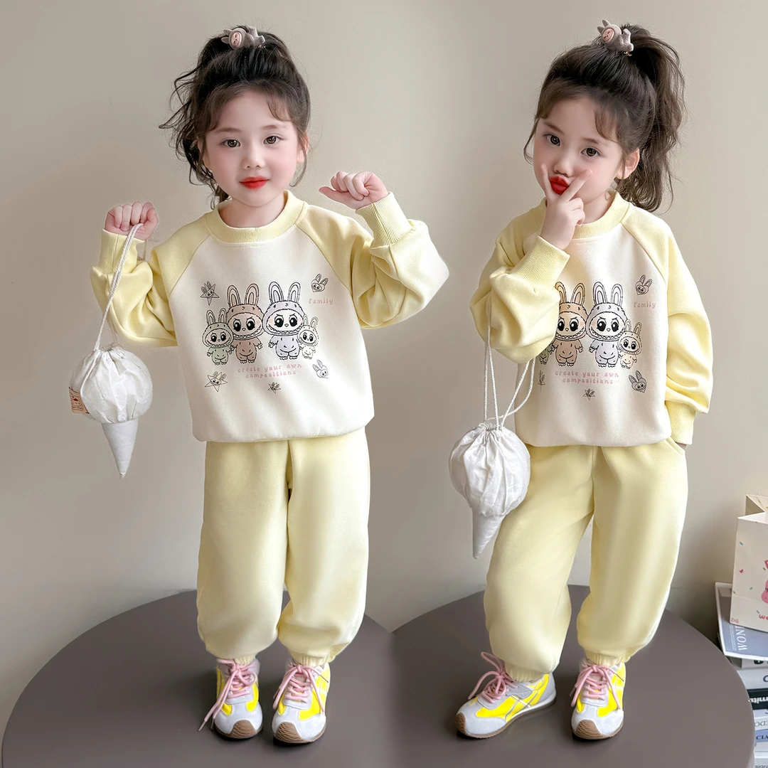 女童运动套装秋季2025新款女宝宝卡通拼色卫衣秋装时髦休闲两件套