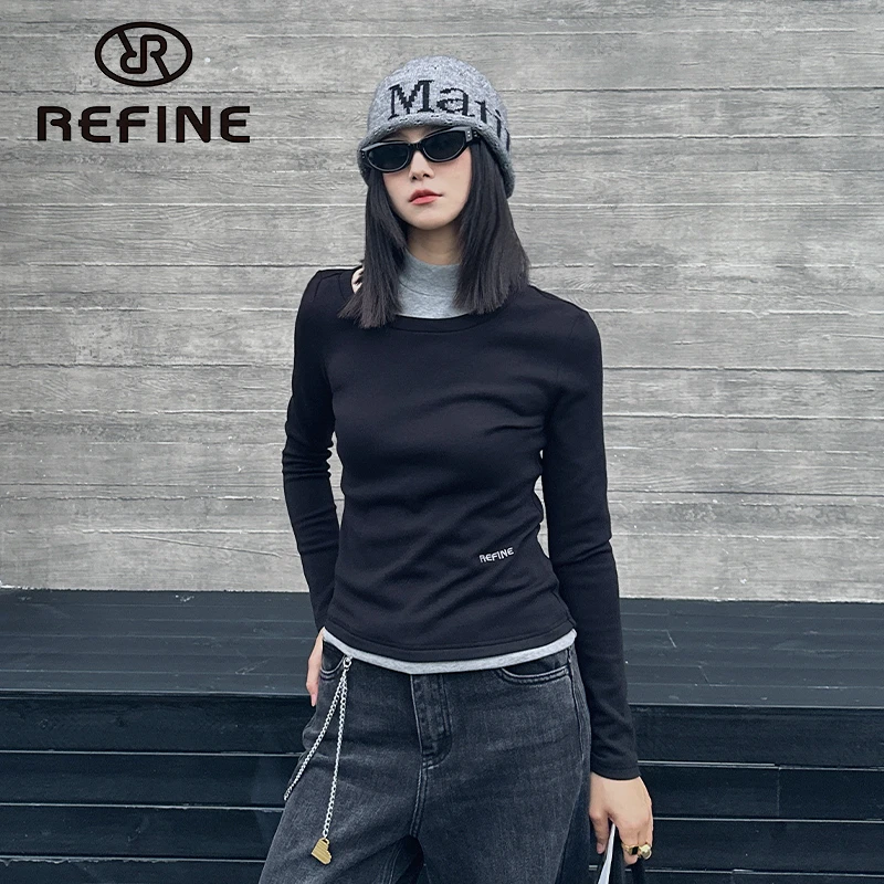 REFINE立范法式设计感撞色拼接镂空肩长袖T恤高级感通勤显瘦上衣