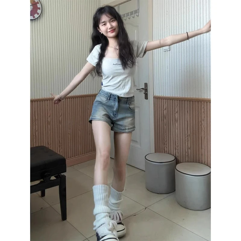 美式复古小个子牛仔短裤女春夏季高腰弹力显瘦a字辣妹直筒阔腿裤