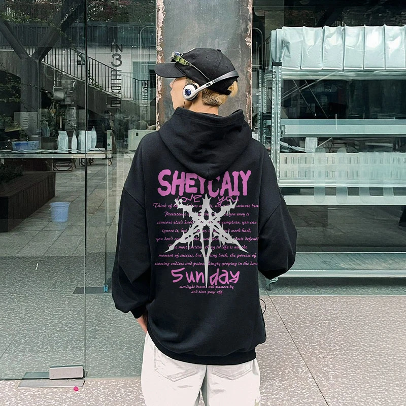 美式高街嘻哈六芒星字母纯棉连帽卫衣男女秋冬款街头潮牌宽松外套