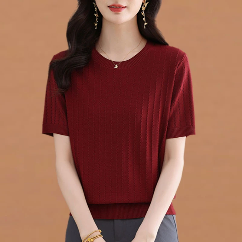 圆领短袖t恤女洋气妈妈上衣薄款2025夏季女装宽松显瘦冰丝针织衫