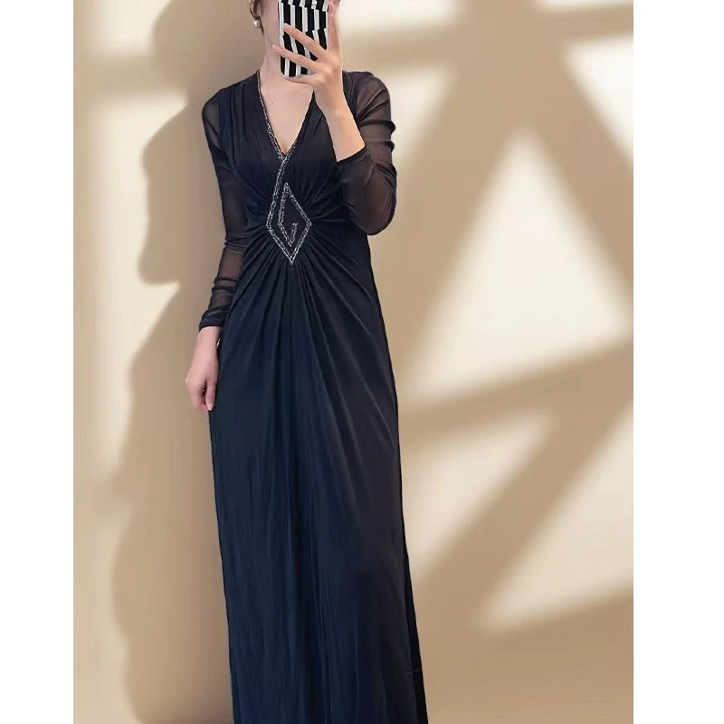 套头款超长弹力网纱A字黑裙礼服款晚宴装宴会必备连衣裙