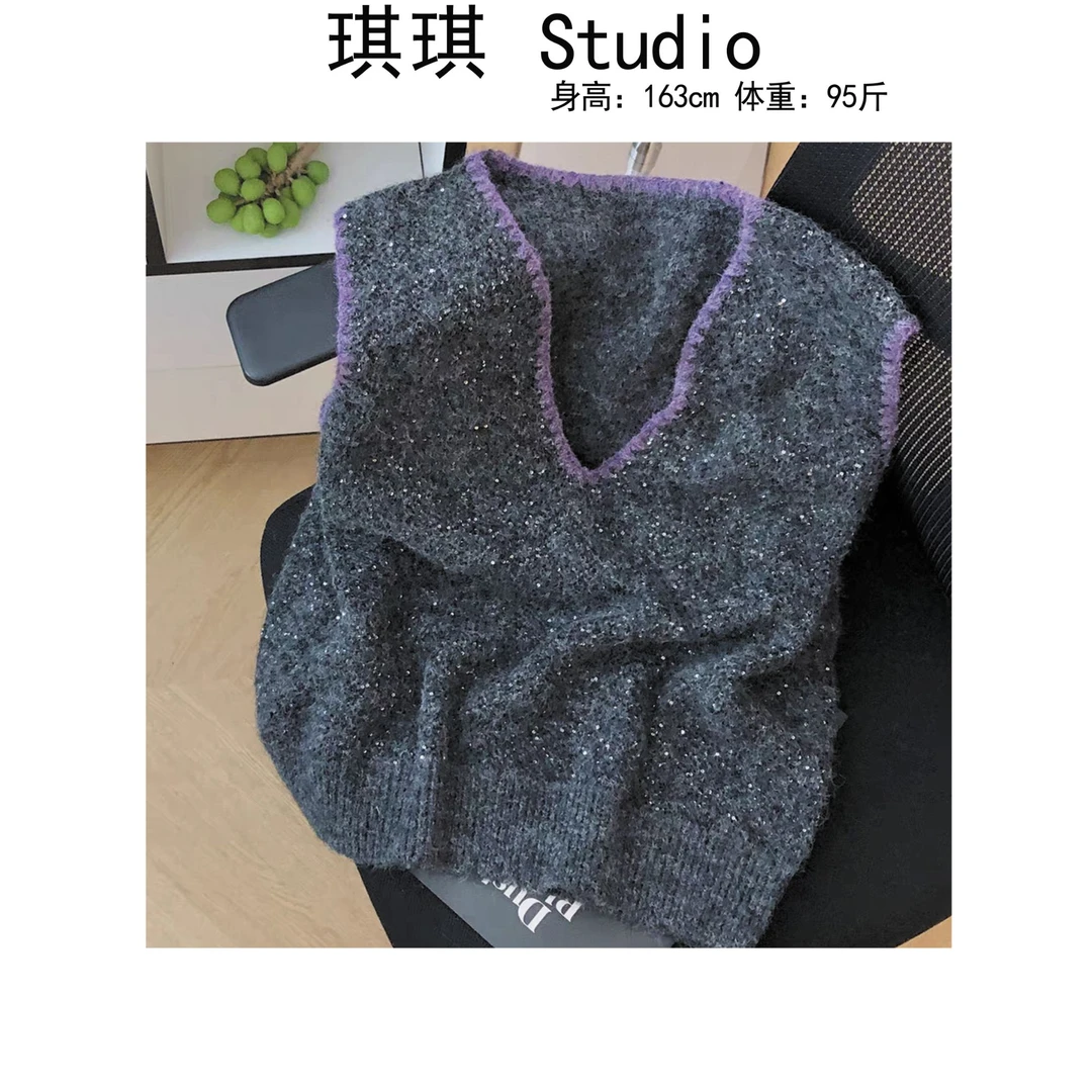 《琪琪家》秋季新款潮流气质时尚领口拼色气质显瘦减龄针织马甲-CS