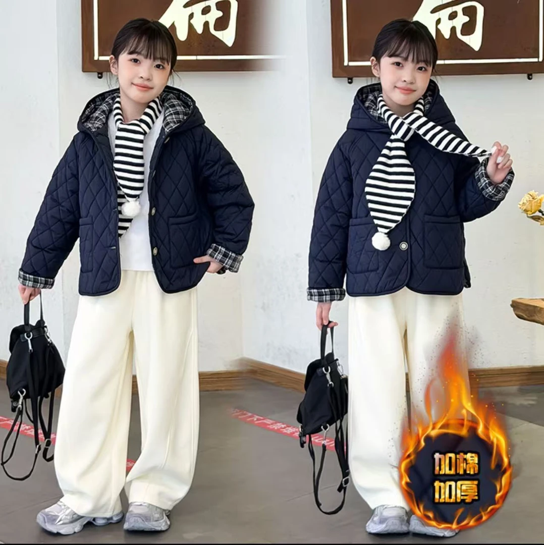 女童加厚外套秋冬装2025新款绗棉撞色格子连帽百搭棉服