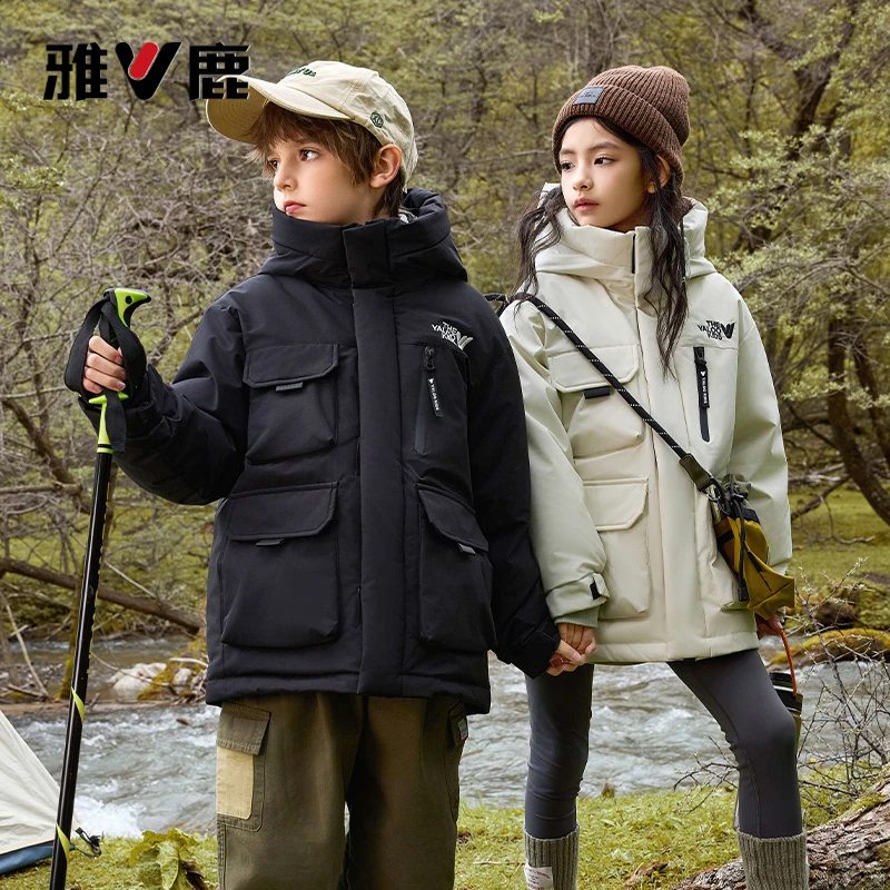 雅鹿90绒工装儿童羽绒服男童女童中长款2025新款大童冬季加厚外套