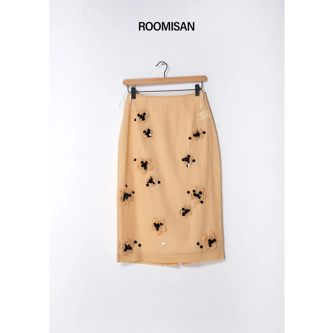 ROOMISAN25SS/【手缝立体花朵重工钉珠半身裙】25418