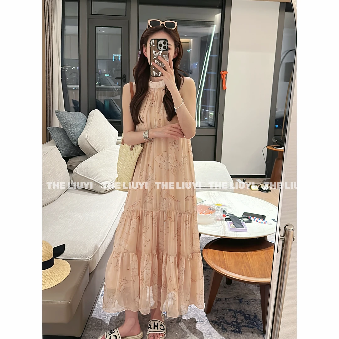 【LIUYI】花漾裙~夏季气质韩系挂脖露肩连衣54165