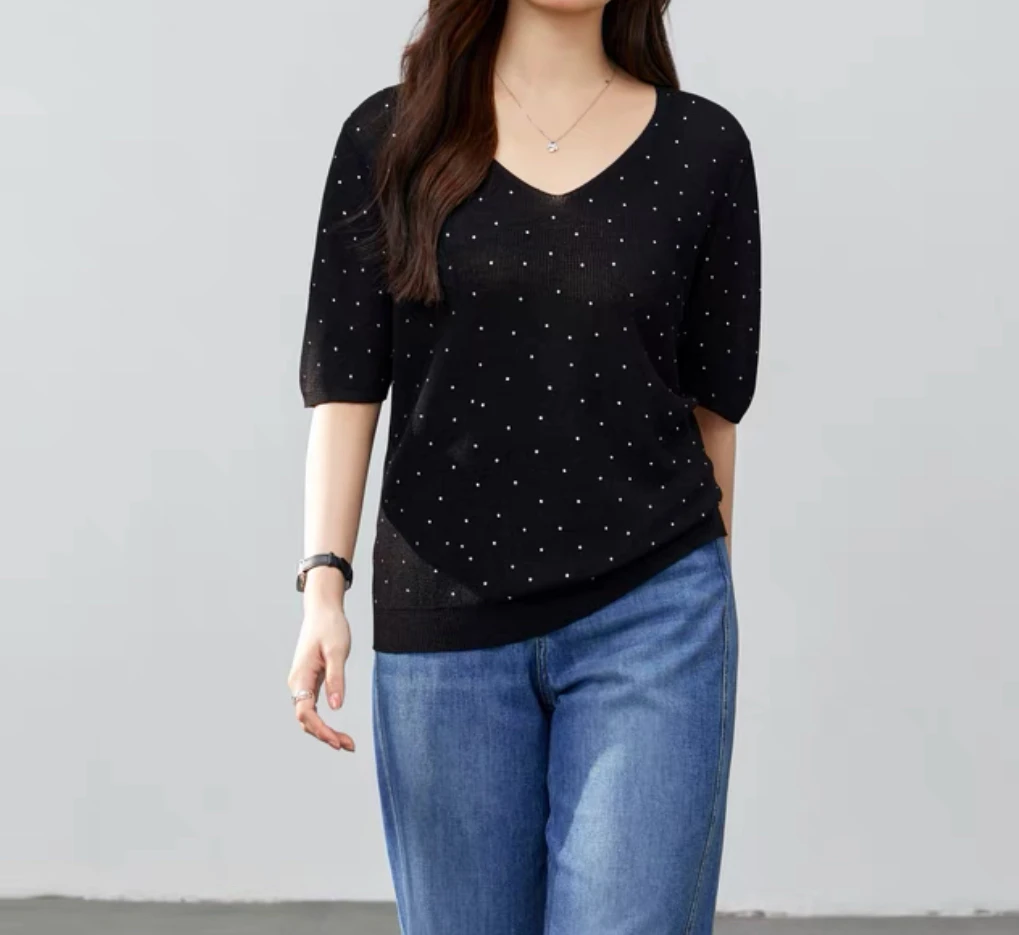 【聚新汇】98116烫钻短袖针织显瘦气质百搭宽松