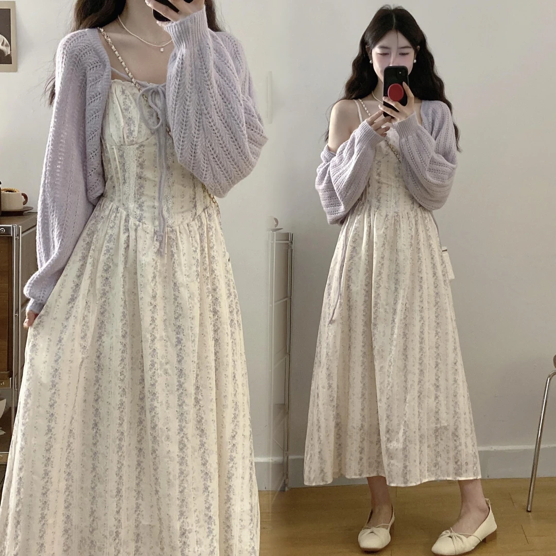 胖妹妹-大码温柔风花边吊带连衣裙女新款春季外搭坎肩两件套装