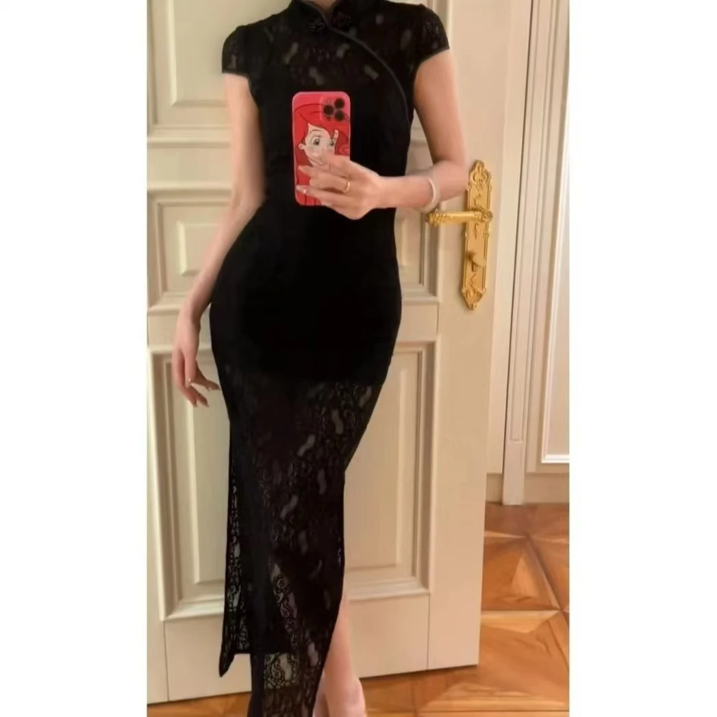 新中式复古改良旗袍连衣裙2025春夏新款优雅洋气弹力修身显瘦长裙