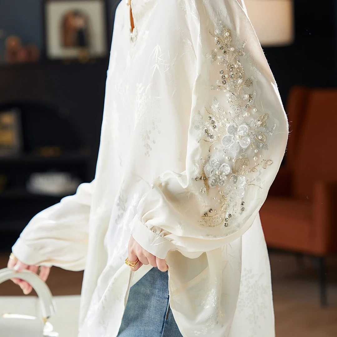 重工钉珠亮片提花V领雪纺衬衫女春秋新款气质新中式国风长袖上衣