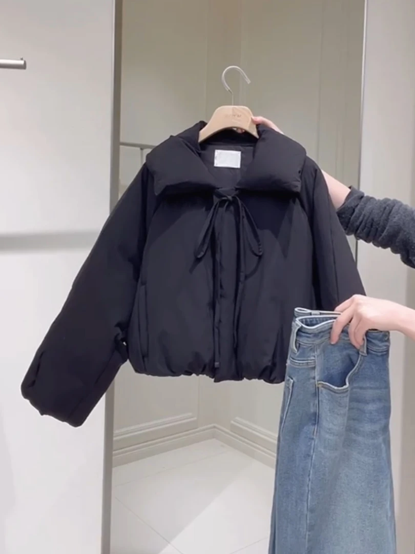 高级感黑色时尚翻领抽绳短款棉衣棉服女2025年冬新款加厚保暖外套