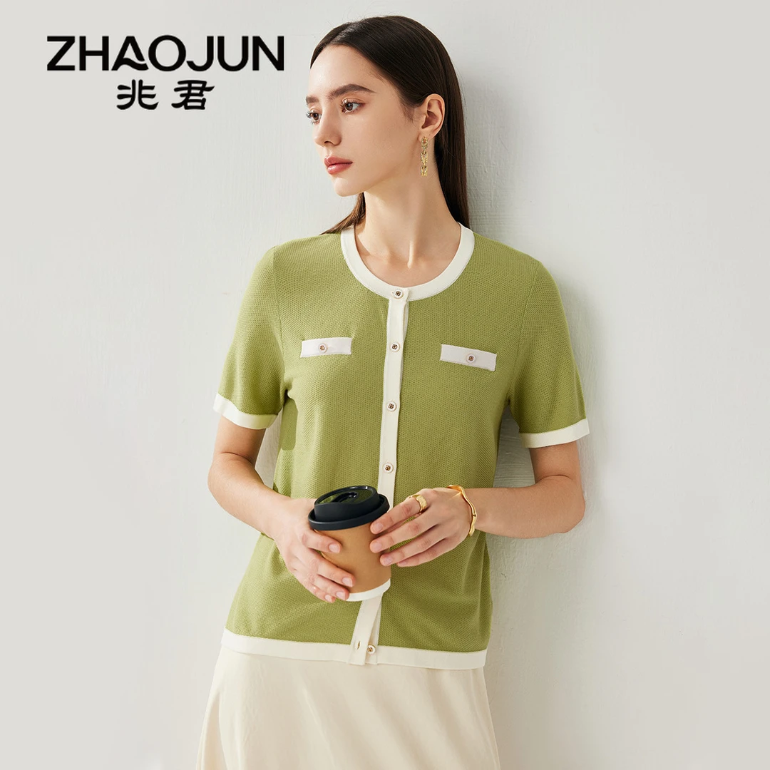 zhaojun/兆君25新初春蜂窝针撞色桑蚕丝上衣女通勤短袖女ZST2066