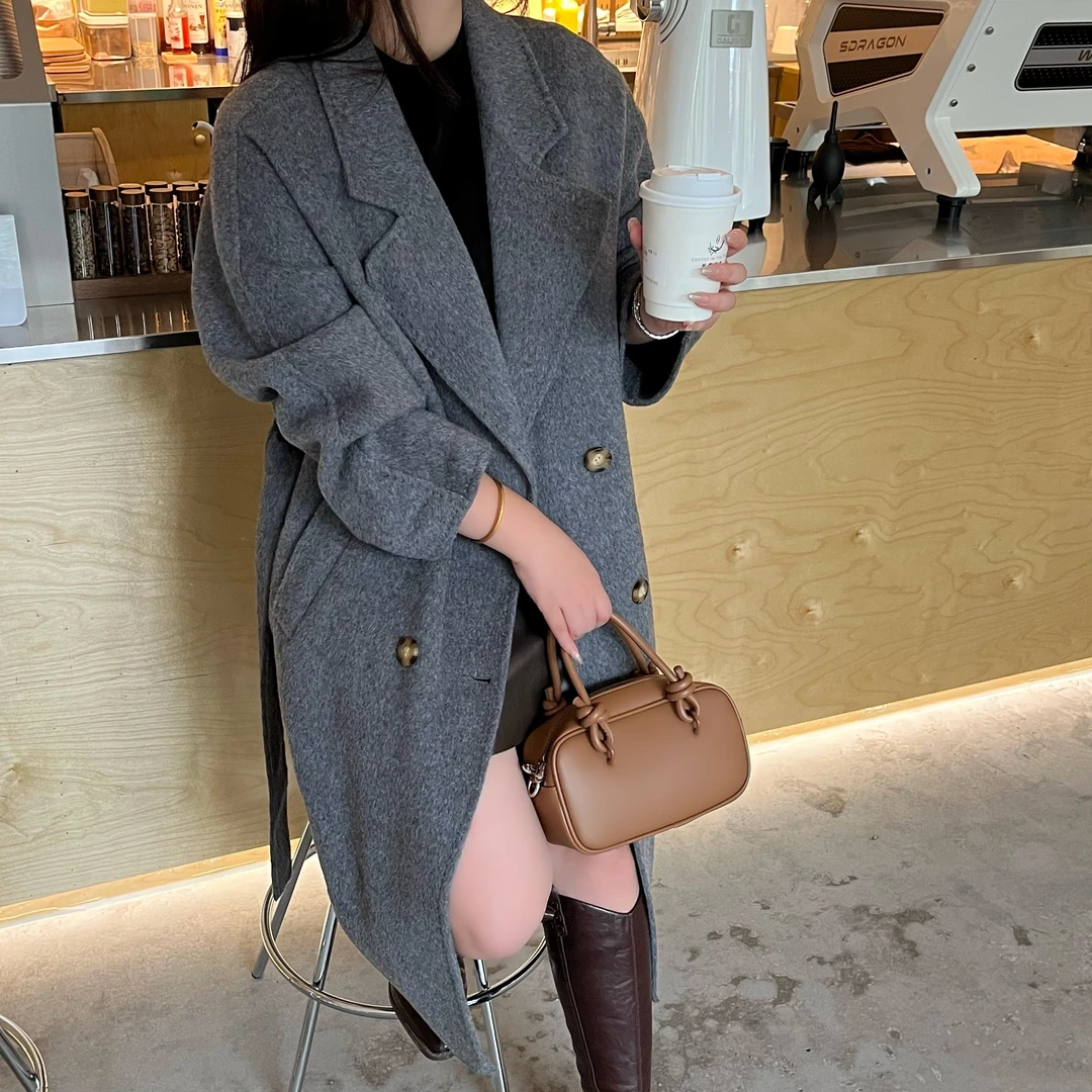 【骆驼绒】秋冬高端双面驼绒大衣女长款双排扣系带外套