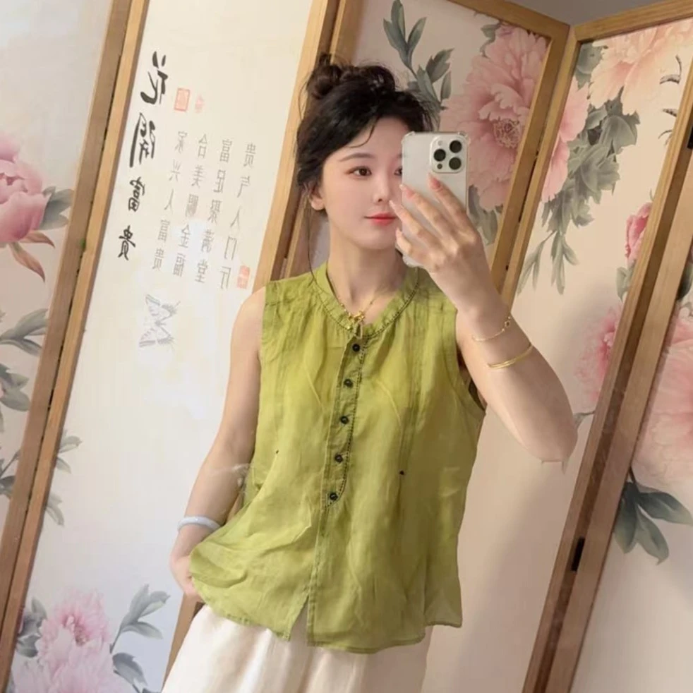 5278 国风中式立领苎麻马夹女2025夏季新款百搭纯色无袖女士马甲