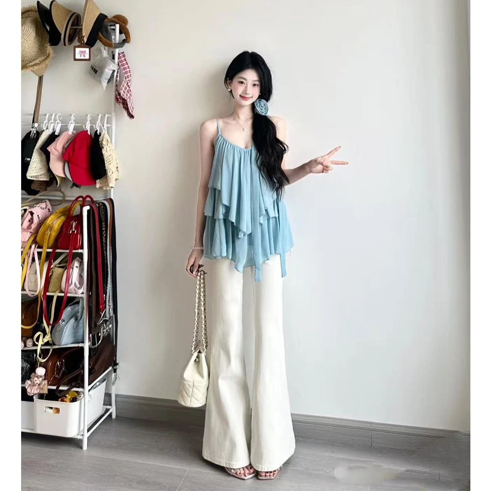 慵懒风套装夏季无袖吊带不规则花朵上衣洋气时髦微喇阔腿牛仔裤