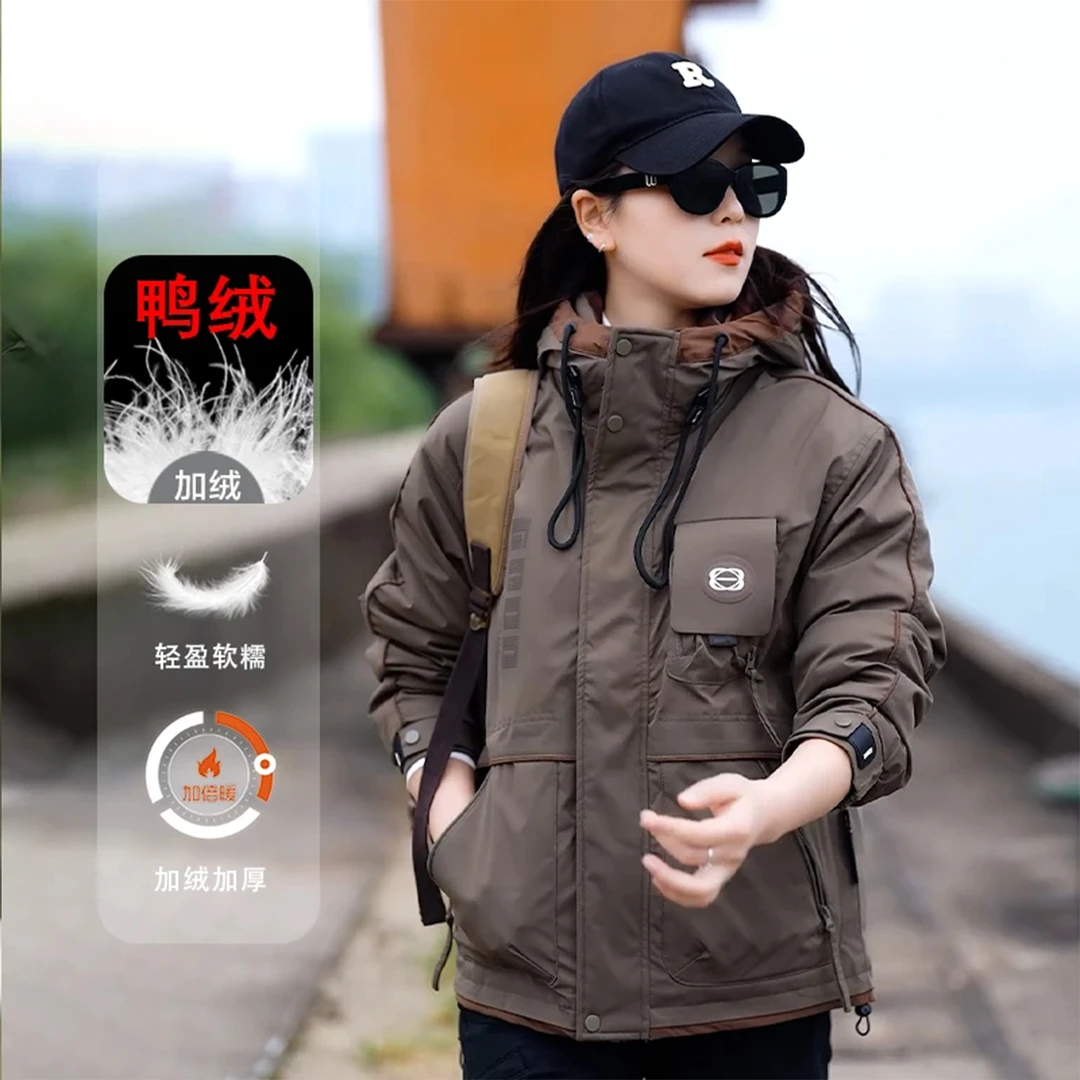 2025新款工装风羽绒服鸭绒短款户外保暖加厚连帽冲锋外套运动户外