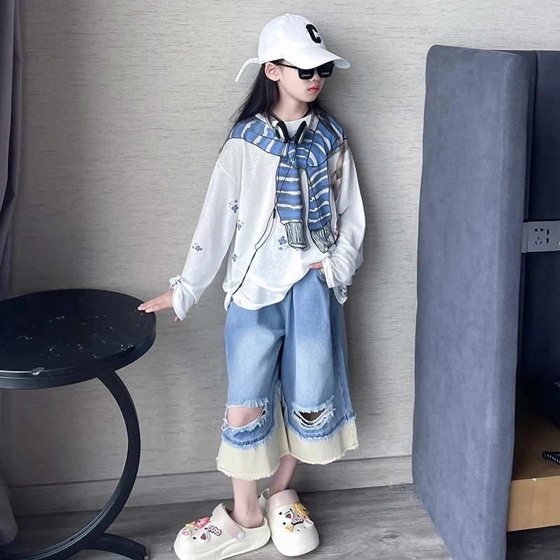 儿童防晒衣服套装女童防紫外线夏轻薄款2025新款女孩拼接牛仔中裤