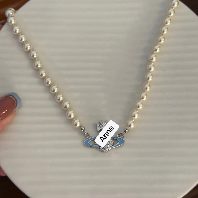 铜合金项链 蓝色滴釉镶锆珠珠高级感项链【X783】