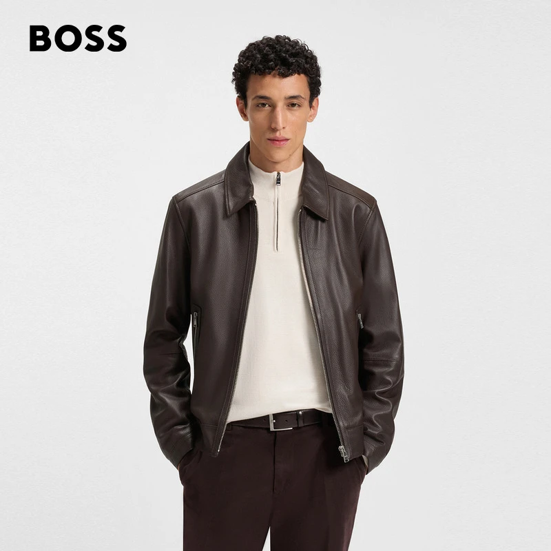 【羊皮革】BOSS博斯25冬季新款带拉链常规合身皮衣夹克50543214