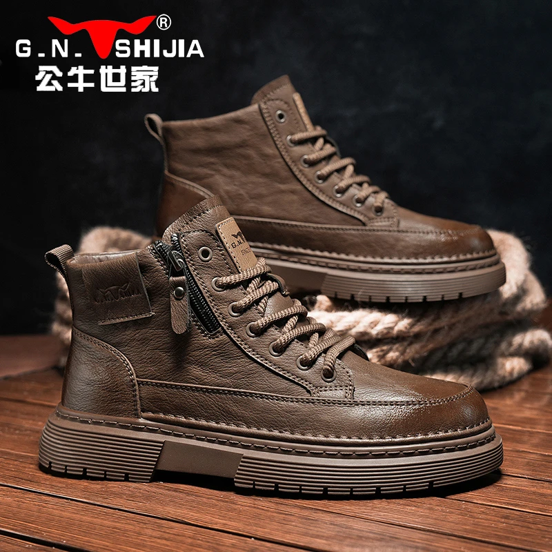 公牛世家冬季中帮男鞋英伦复古男鞋高帮加绒板鞋男士工装马丁短靴