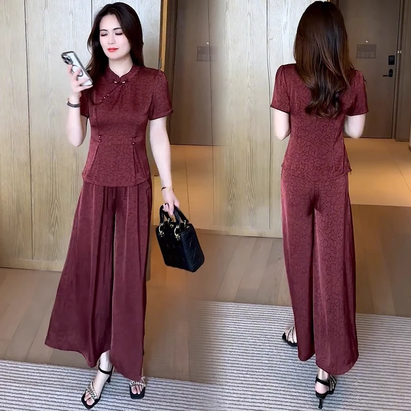 新中式国风套装女夏季新款洋气显瘦减龄盘扣短袖上衣阔腿裤两件套