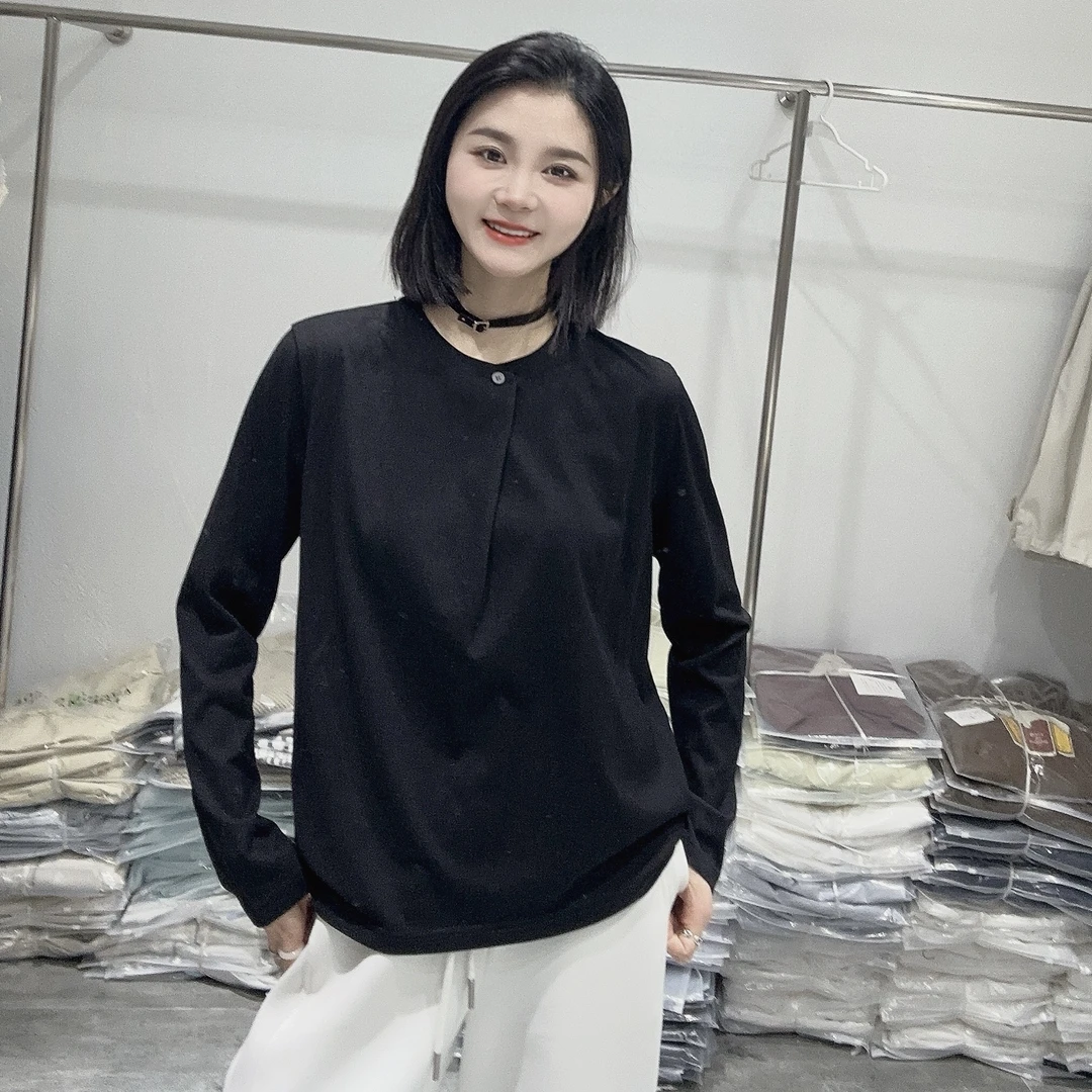 LMM 2338 韩版一粒扣白色长袖T恤女2025春季新款宽松休闲内搭外穿