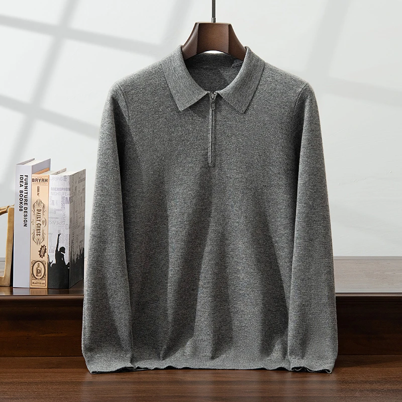 男士四平空转Polo领简约纯色套头时尚半开拉链羊绒衫针织灰色长袖