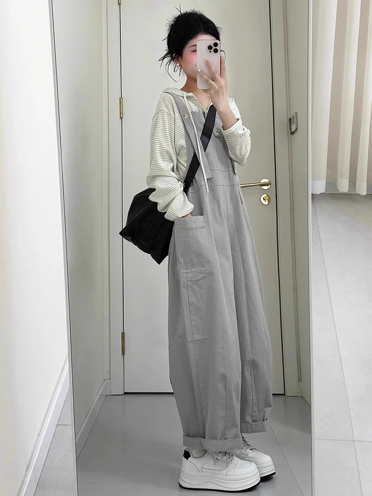 2025秋季新款学院风韩系时尚穿搭连帽卫衣高腰阔腿背带裤两件套女