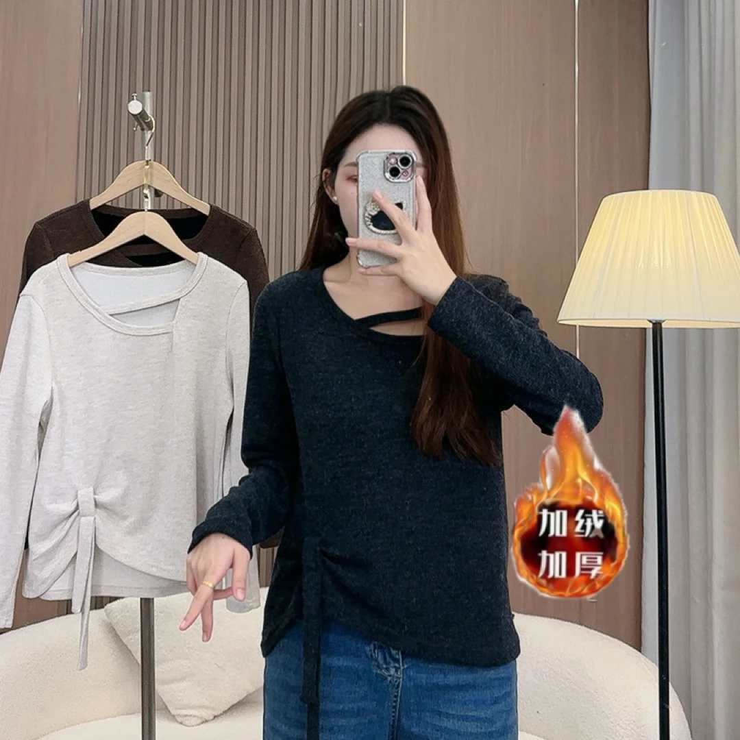 【加绒加厚】大码正肩秋冬设计感飘带V领宽松加绒保暖显瘦长袖上衣