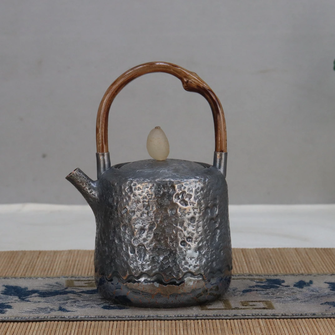 炭黑石坑烧水壶提梁银茶壶足银999中式高端银茶具藤梁