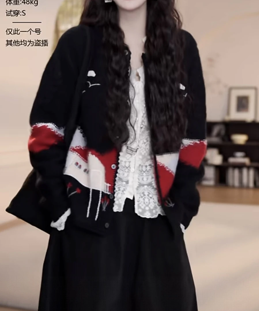提花厚款连帽宽松型女衫冬季小香风秋冬加厚拼接开衫遮肉