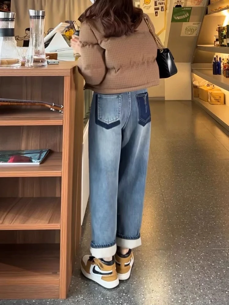 孕妇裤春秋外穿托腹牛仔裤不勒肚子秋冬加绒宽松阔腿时尚老爹裤